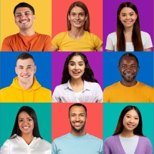 A vibrant collection of headshots showcasing a diverse group of individuals of varying ages and ethnicities, all smiling against a colorful backdrop, studio, panorama. Video call